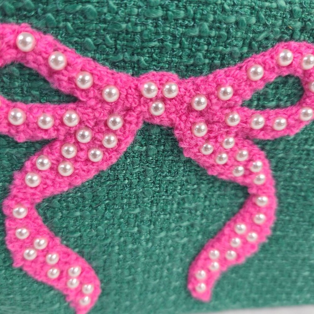 NWTShiraleah Mara Bow Small Green Zip Pouch With Pink Beaded Bow Design - Picture 2 of 7
